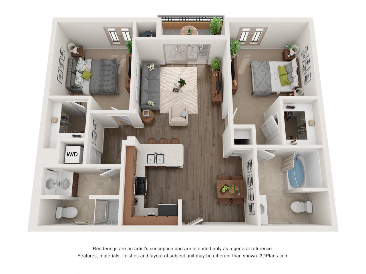 Floor plan for 2 beds, 2 baths, 1045 sqft